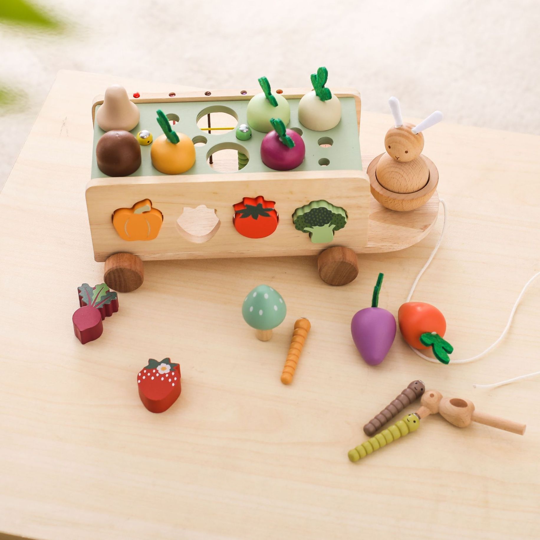 Montessori inspired wooden multi activity farm cart