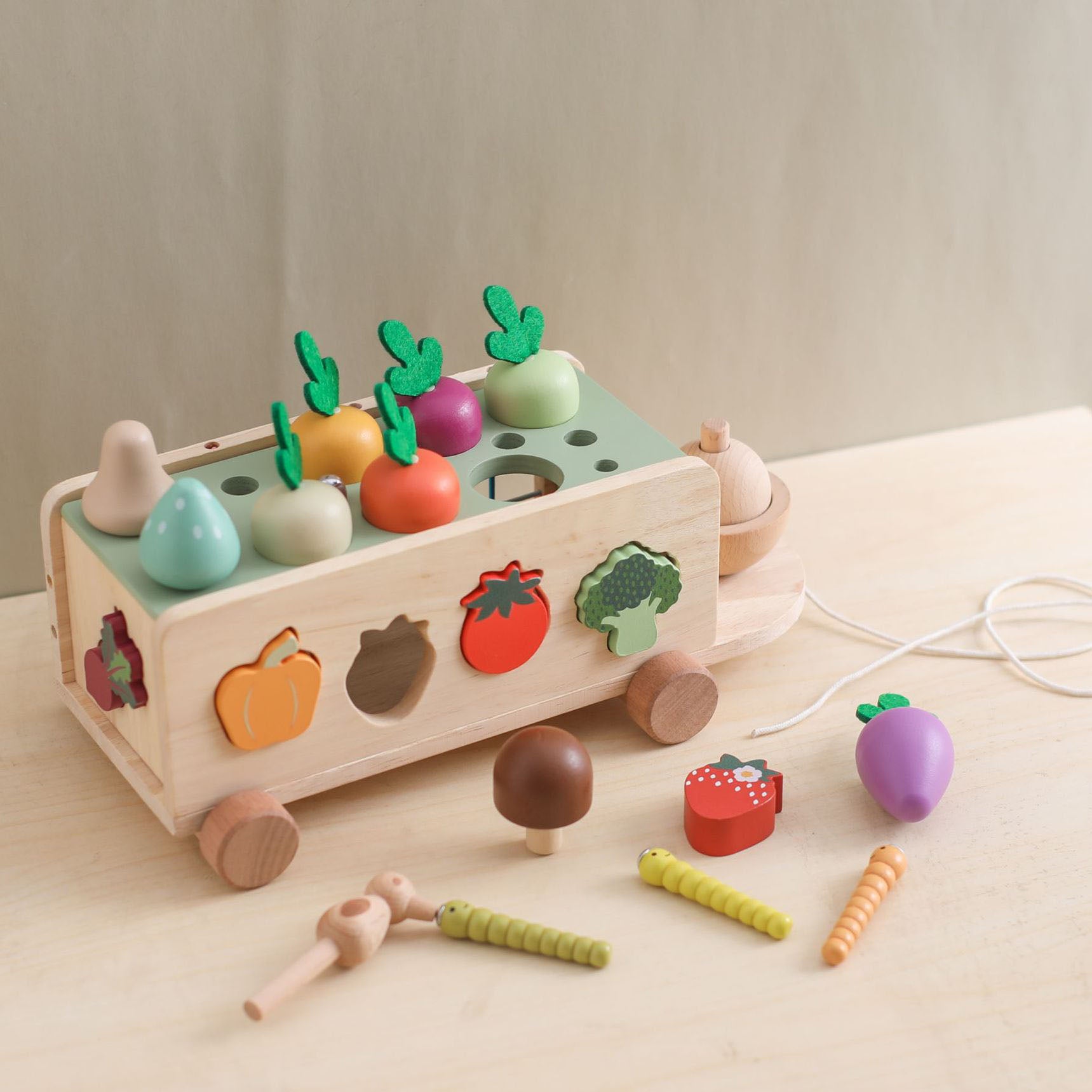 Montessori inspired wooden multi activity farm cart