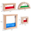 Wooden sensory blocks, liquid with fish, sand with shells or beads with sound