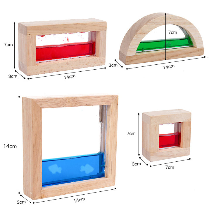 Wooden sensory blocks, liquid with fish, sand with shells or beads with sound