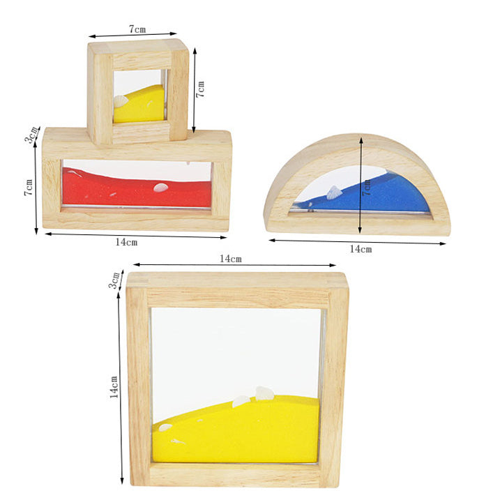 Wooden sensory blocks, liquid with fish, sand with shells or beads with sound