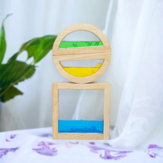 Wooden sensory blocks, liquid with fish, sand with shells or beads with sound