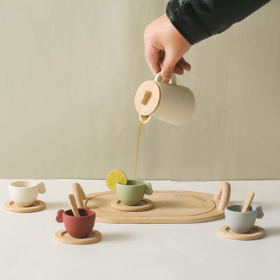 Wooden pretend/ real play afternoon tea set with food grade silicone jug and cup