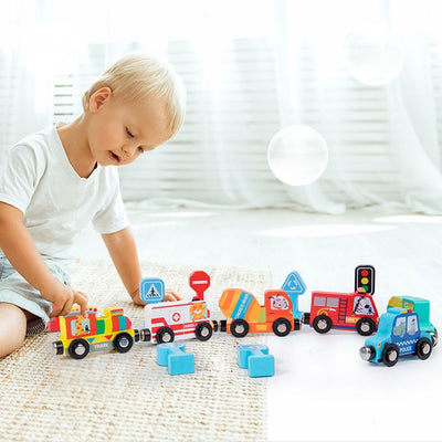 Wooden Toy vehicles train set with road signs  Pretend Play