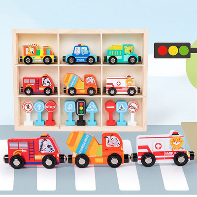 Wooden Toy vehicles train set with road signs  Pretend Play