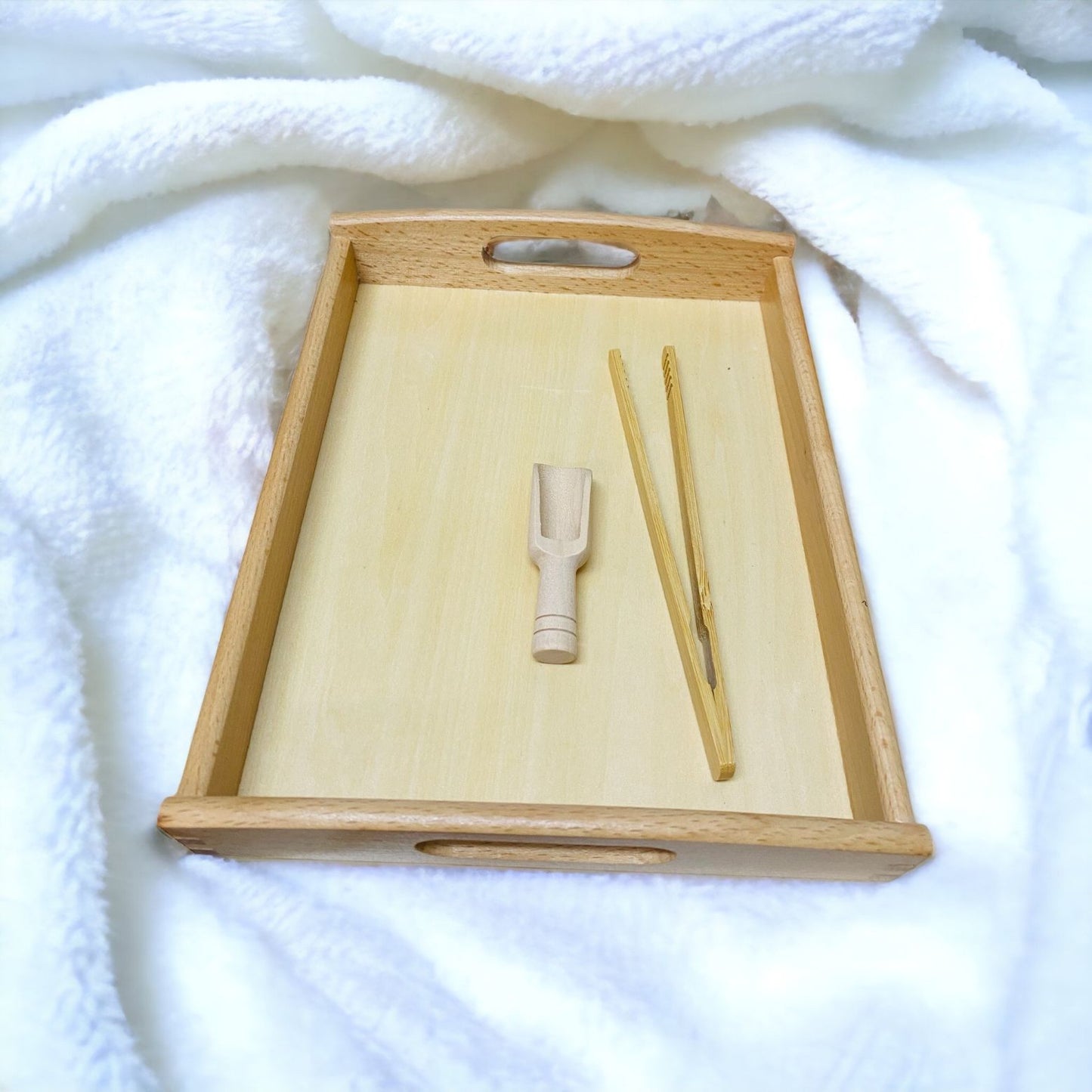 Montessori wooden tray with tweezer and mini sccop