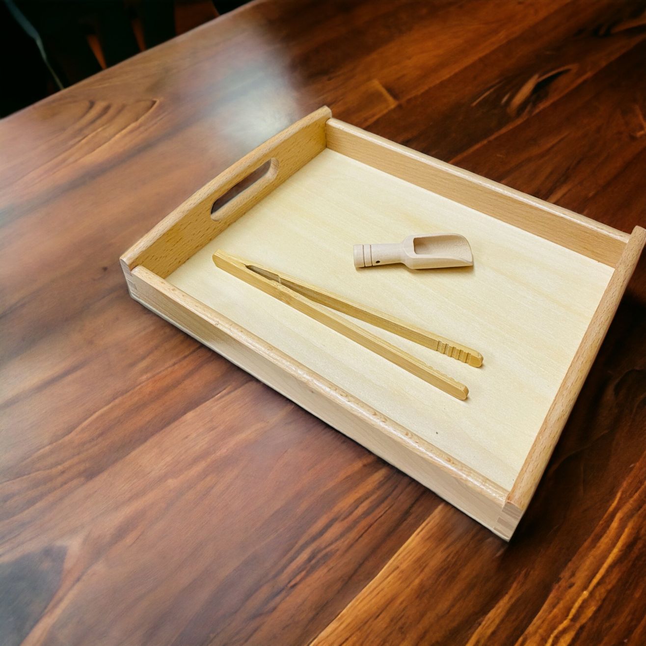 Montessori wooden tray with tweezer and mini sccop