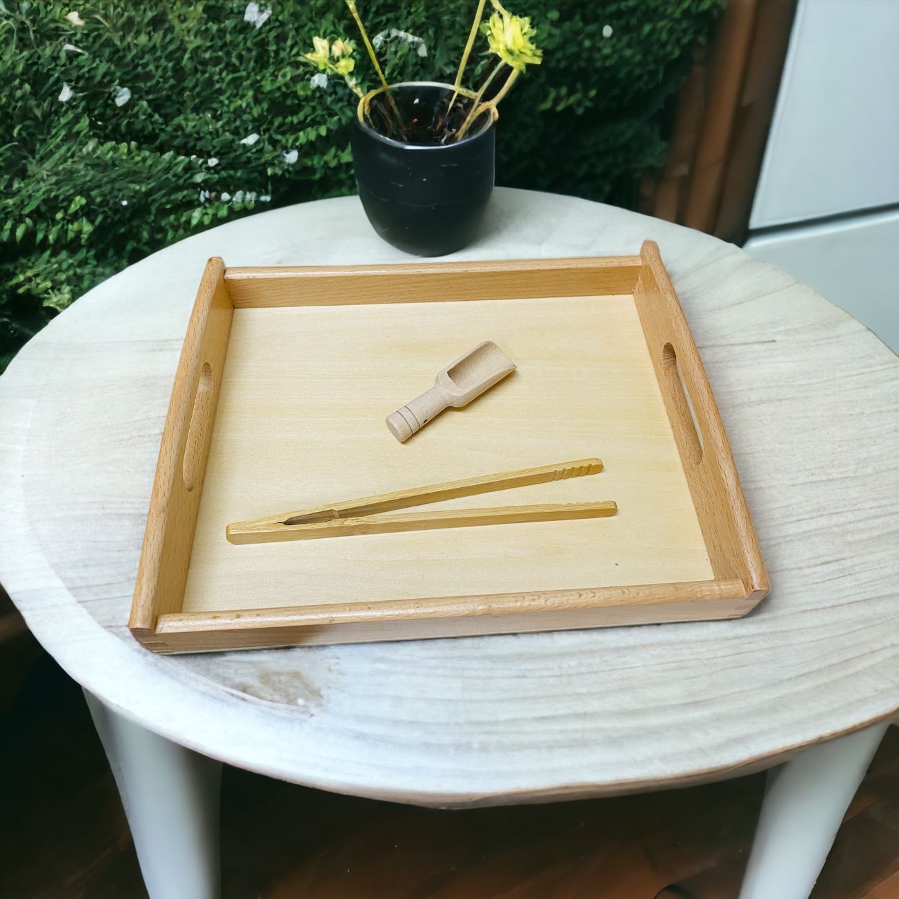 Montessori wooden tray with tweezer and mini sccop