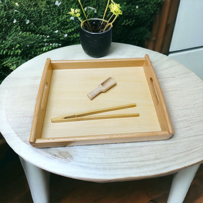 Montessori wooden tray with tweezer and mini sccop