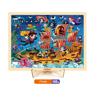 Mideer Children Wooden Jigsaw Puzzle 48pc With Storage Display Tray. Pirate or Fairy Princess Theme. Toddler Toy. Pirate