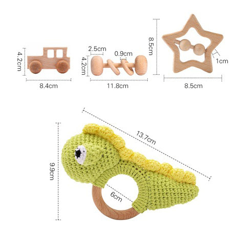 Handmade Dino Crochet Rattle / Teether , 4 piece baby gift set