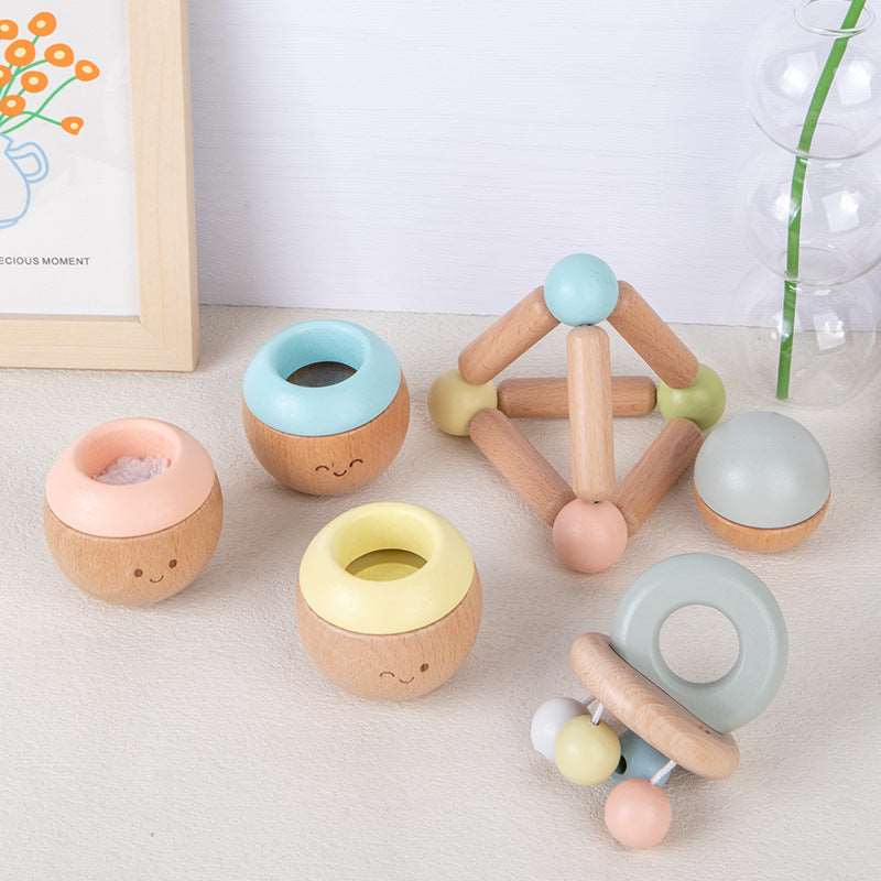 Baby sensory kit. Wooden Rattles. Baby toys. Macaron colours