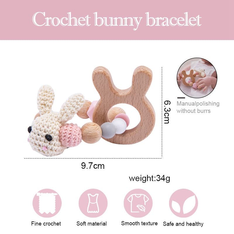 Handmade Crochet Wooden Rabbit Teether. Baby Toy