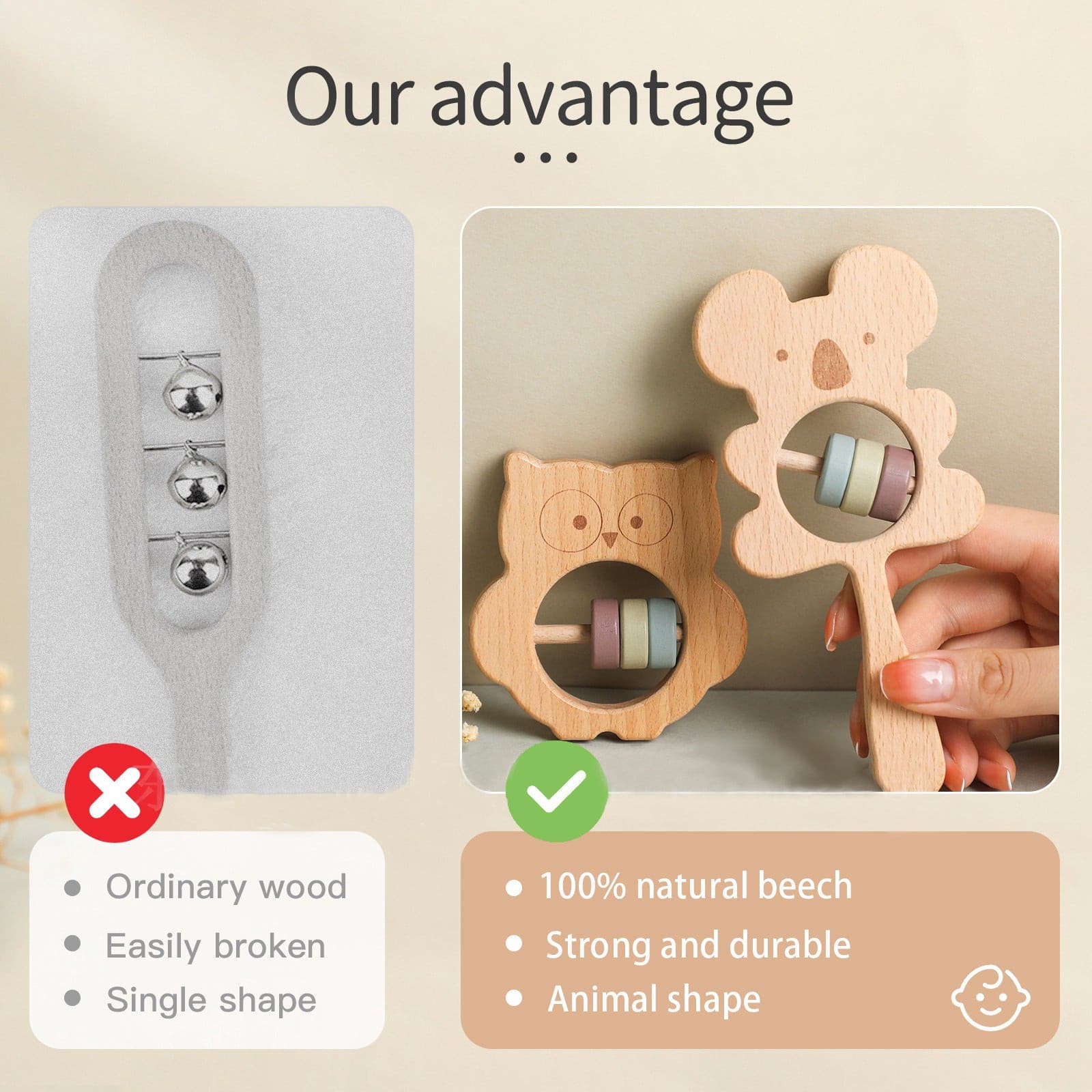 Natural Wooden Animal Rattle. Baby Toy Early Development – Happi Bebe