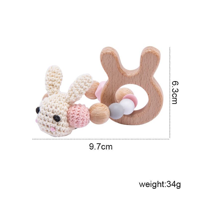 Handmade Crochet Wooden Rabbit Teether. Baby Toy