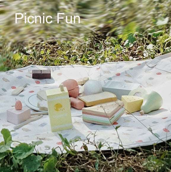 Wooden picnic pretend play set, mat & storage bag