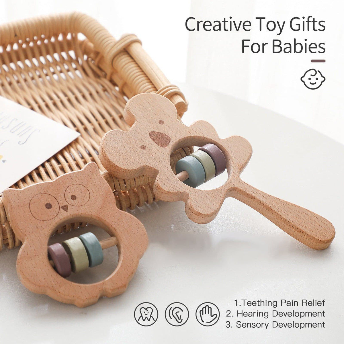 Caveman Baby Rattle Natural Wooden Animal Rattle. Baby Toy Early Development – Happi Bebe