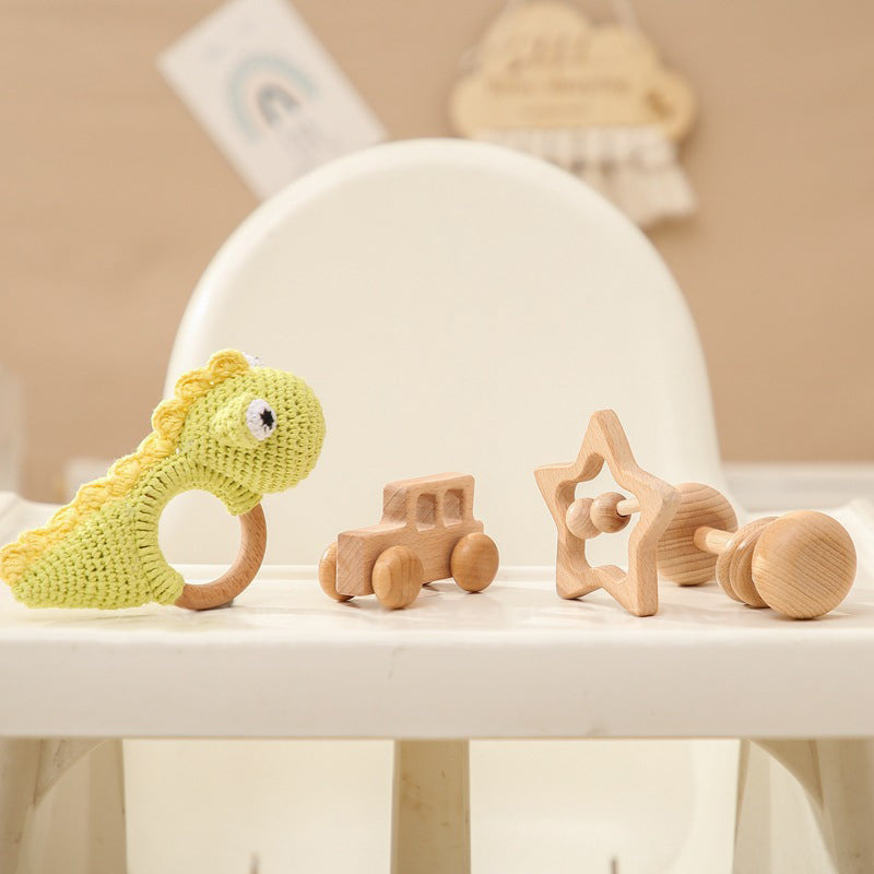 Handmade Dino Crochet Rattle / Teether , 4 piece baby gift set