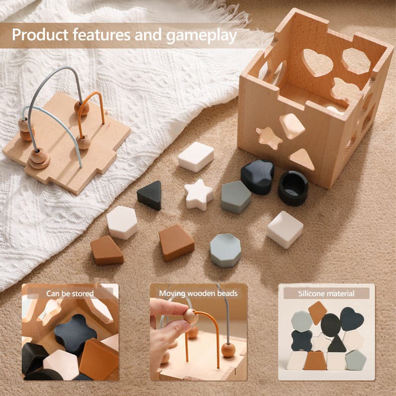Multi Functional Shape Sorting Wooden Geometric Box Montessori Toy.