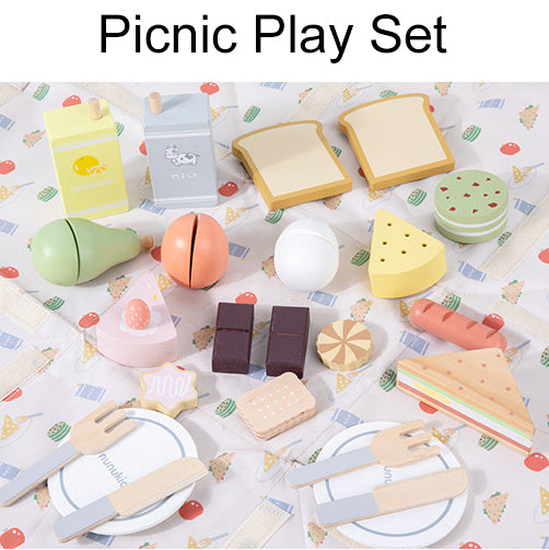 Wooden picnic pretend play set, mat & storage bag