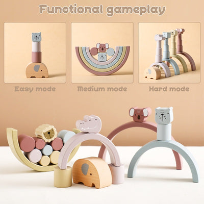 Wooden Animal Rainbow Balancing and Stacking Toy for Baby and Toddler Early Development