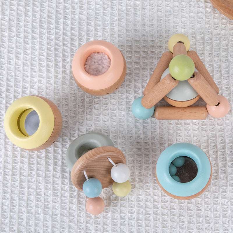 Baby sensory kit. Wooden Rattles. Baby toys. Macaron colours