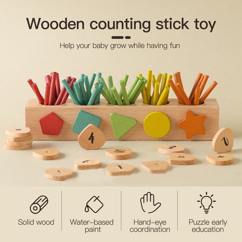Wooden Counting Sticks with Magnetic Number & Shapes. Montessori Math Toy