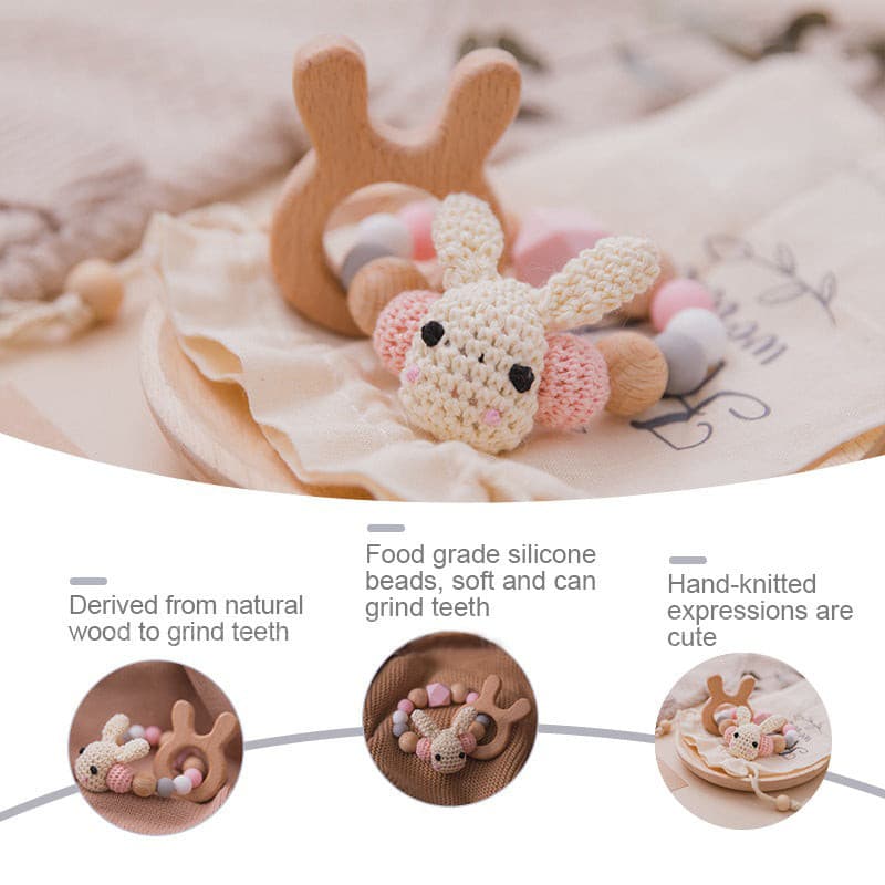 Handmade Crochet Wooden Rabbit Teether. Baby Toy