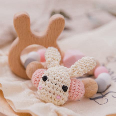 Handmade Crochet Wooden Rabbit Teether. Baby Toy