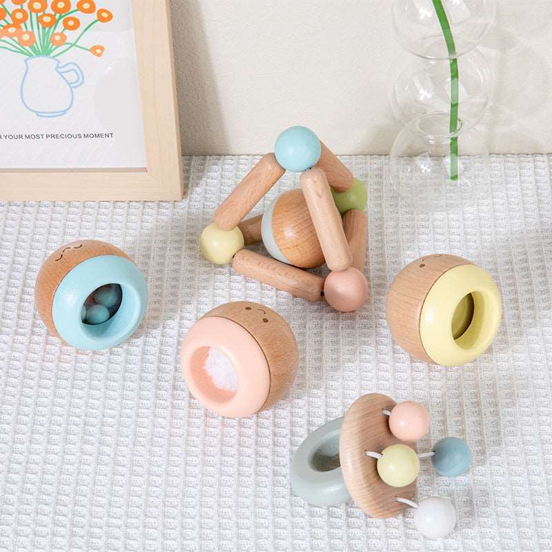 Baby sensory kit. Wooden Rattles. Baby toys. Macaron colours