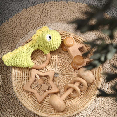 Handmade Dino Crochet Rattle / Teether , 4 piece baby gift set