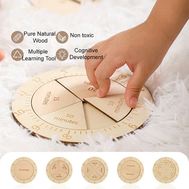 Wooden Clock Learning about Time and Fraction Toy. Montessori Math Toy
